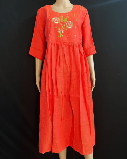 Cotton Plain Long Frock with Lava Red Colour