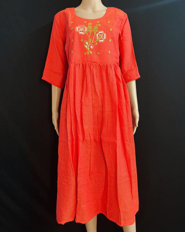 Cotton Plain Long Frock with Lava Red Colour