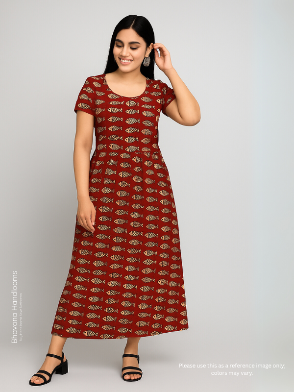 Hand Block Printed Pure Cotton Long Frocks With Red Color