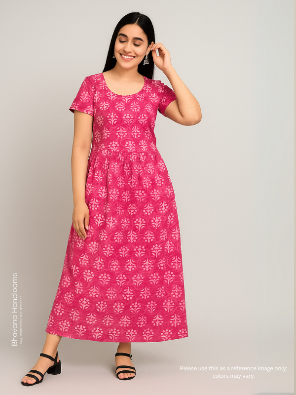 Hand Block Printed Pure Cotton Long Frocks With Pink Color