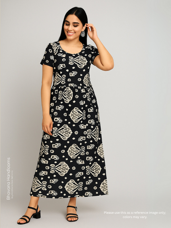 Hand Block Printed Pure Cotton Long Frocks With Black Color