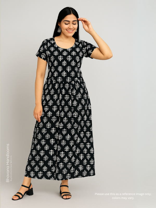 Hand Block Printed Pure Cotton Long Frocks With Black Color