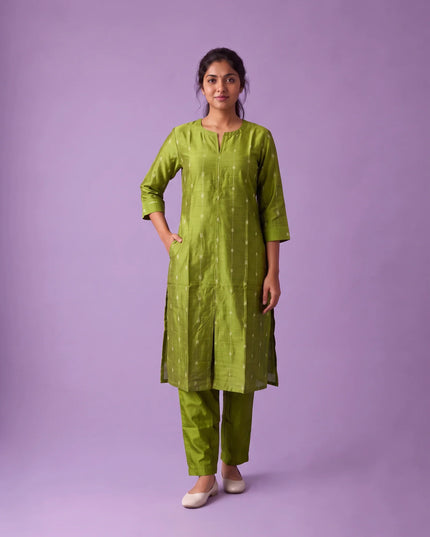 Premium Raw Silk Co-Ord Set in Lime Green Colour with Elastic Bottom | Ready to Wear