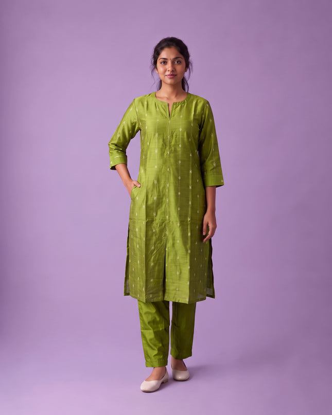 Premium Raw Silk Co-Ord Set in Lime Green Colour with Elastic Bottom | Ready to Wear