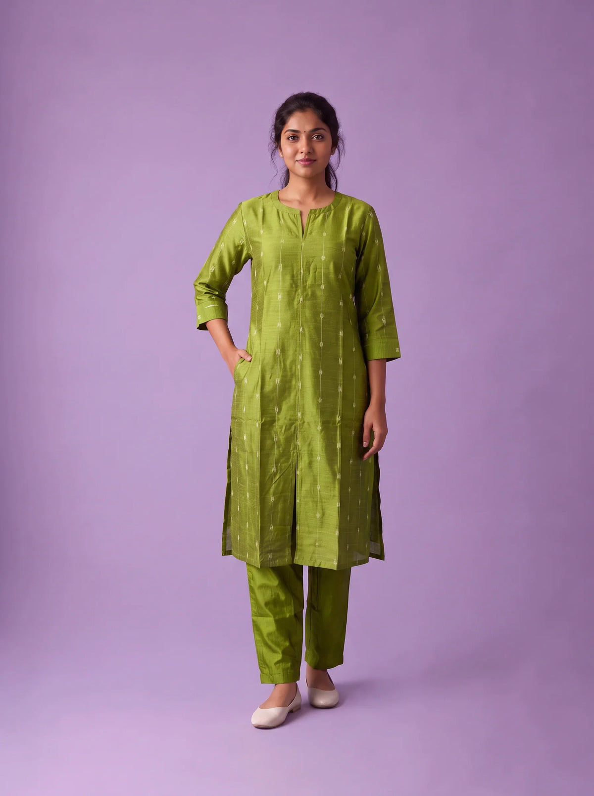 Premium Raw Silk Co-Ord Set in Lime Green Colour with Elastic Bottom | Ready to Wear