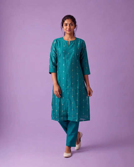 Premium Raw Silk Co-Ord Set in Turquoise Blue Colour with Elastic Bottom | Ready to Wear