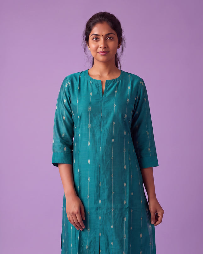 Premium Raw Silk Co-Ord Set in Turquoise Blue Colour with Elastic Bottom | Ready to Wear