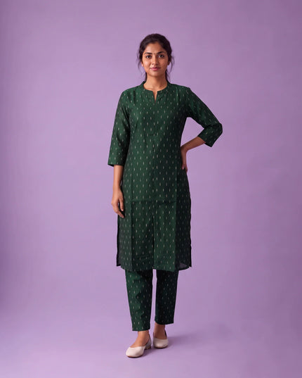 Premium Raw Silk Co-Ord Set in Bottle Green Colour with Elastic Bottom | Ready to Wear