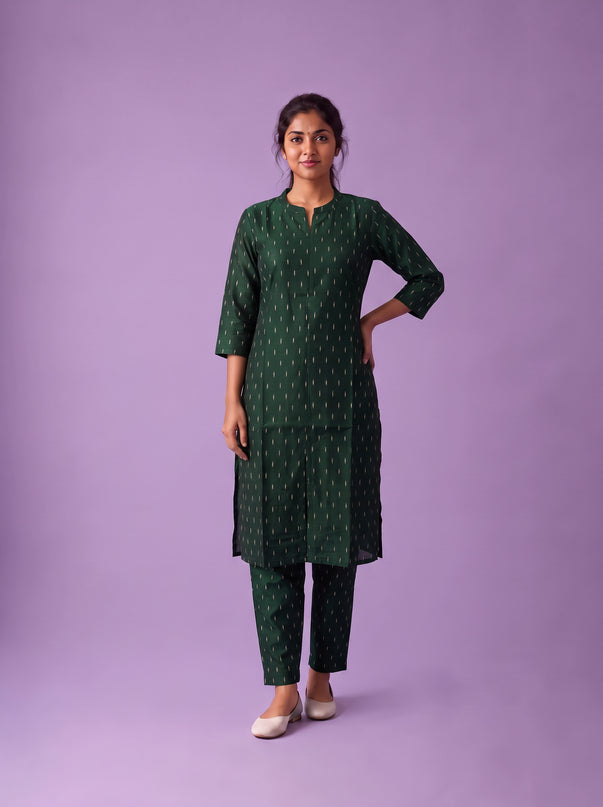 Premium Raw Silk Co-Ord Set in Bottle Green Colour with Elastic Bottom | Ready to Wear