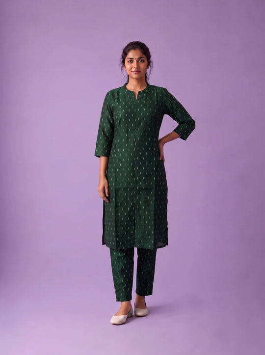Premium Raw Silk Co-Ord Set in Bottle Green Colour with Elastic Bottom | Ready to Wear