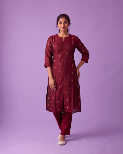 Premium Raw Silk Co-Ord Set in Maroon Colour with Elastic Bottom | Ready to Wear