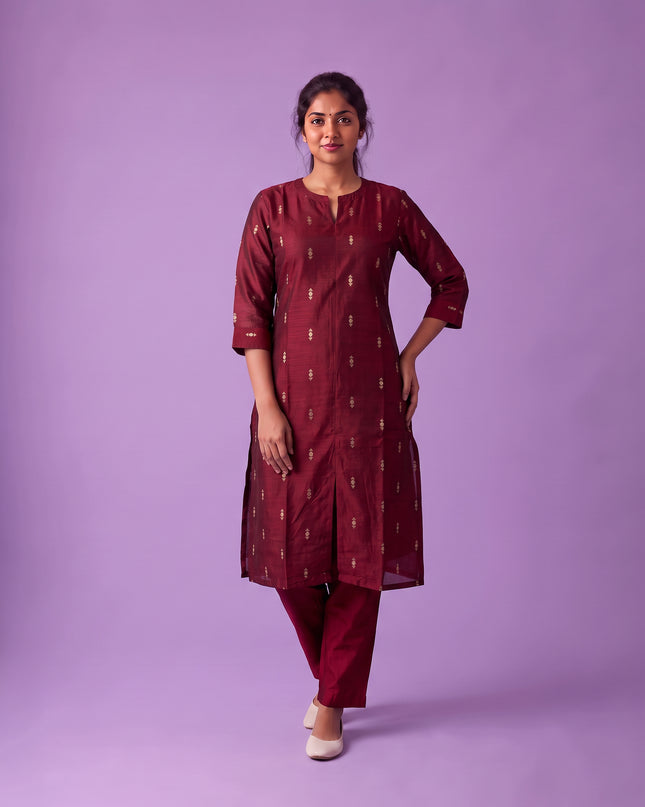 Premium Raw Silk Co-Ord Set in Maroon Colour with Elastic Bottom | Ready to Wear