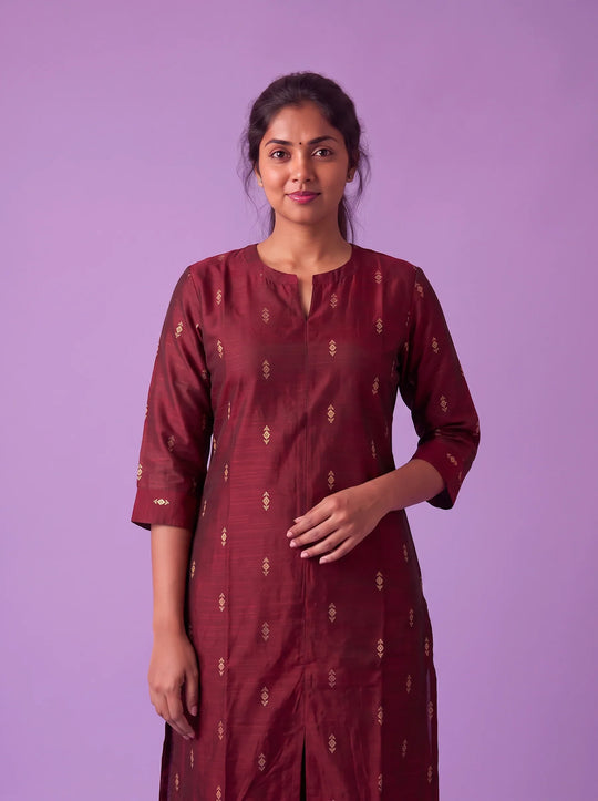 Premium Raw Silk Co-Ord Set in Maroon Colour with Elastic Bottom | Ready to Wear