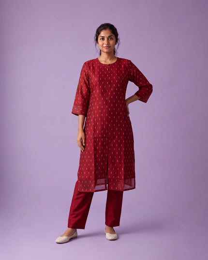 Premium Raw Silk Co-Ord Set in Maroon Colour with Elastic Bottom | Ready to Wear