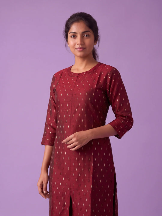 Premium Raw Silk Co-Ord Set in Maroon Colour with Elastic Bottom | Ready to Wear
