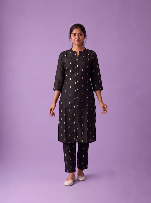 Premium Raw Silk Co-Ord Set in Black Colour with Elastic Bottom | Ready to Wear