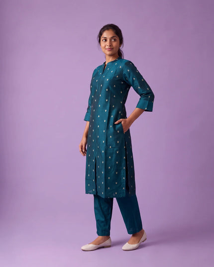 Premium Raw Silk Co-Ord Set in Teal Blue Colour with Elastic Bottom | Ready to Wear