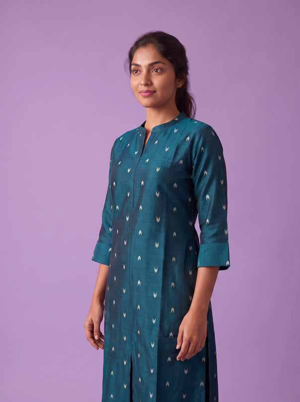 Premium Raw Silk Co-Ord Set in Teal Blue Colour with Elastic Bottom | Ready to Wear