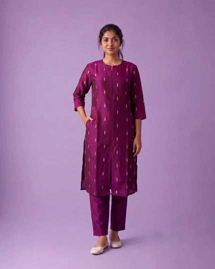 Premium Raw Silk Co-Ord Set in Magenta Purple Colour with Elastic Bottom | Ready to Wear