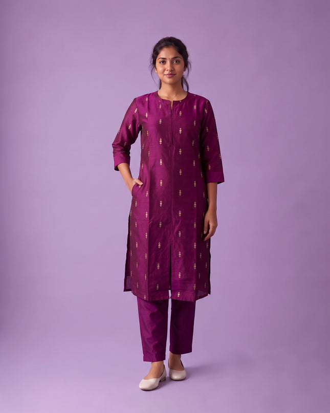 Premium Raw Silk Co-Ord Set in Magenta Purple Colour with Elastic Bottom | Ready to Wear