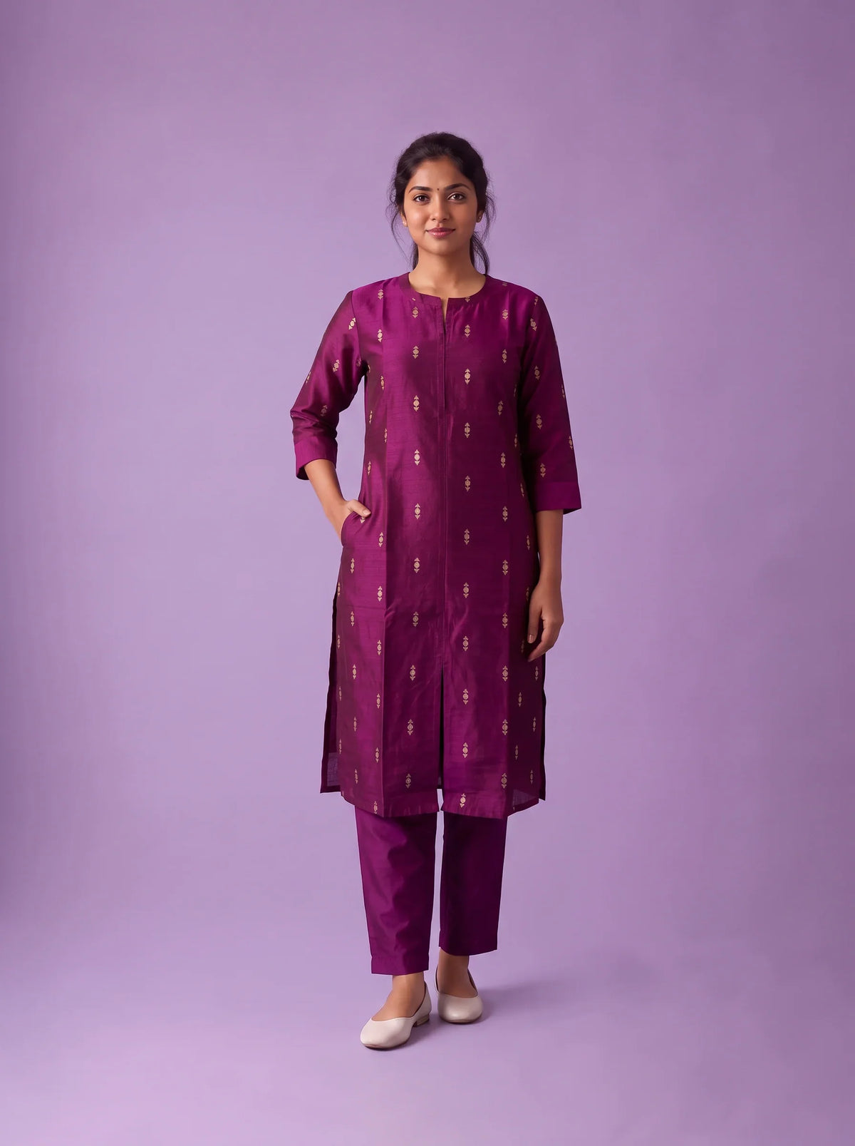 Premium Raw Silk Co-Ord Set in Magenta Purple Colour with Elastic Bottom | Ready to Wear