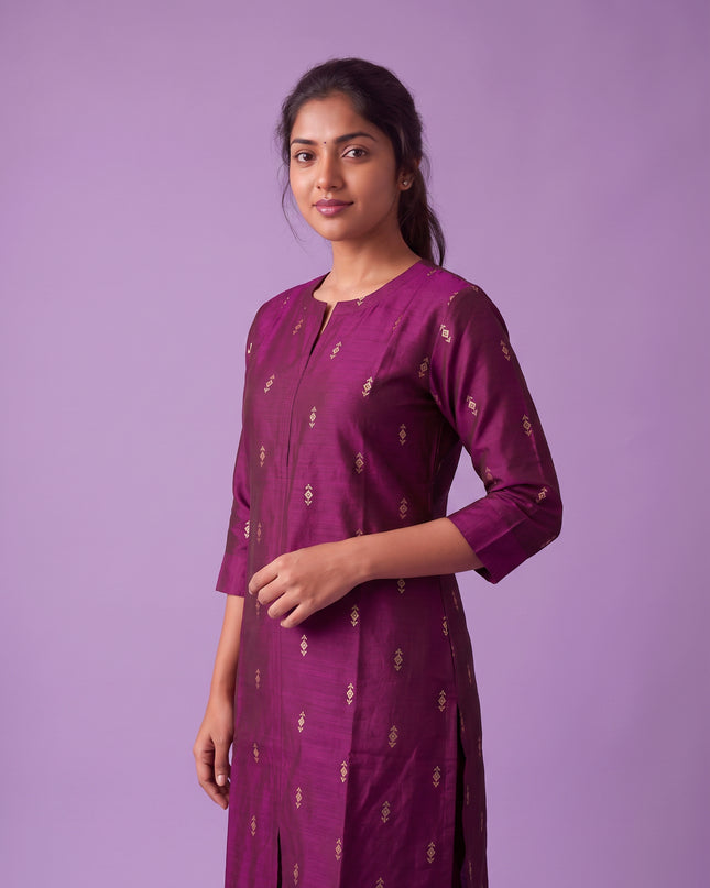 Premium Raw Silk Co-Ord Set in Magenta Purple Colour with Elastic Bottom | Ready to Wear