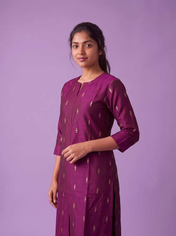 Premium Raw Silk Co-Ord Set in Magenta Purple Colour with Elastic Bottom | Ready to Wear
