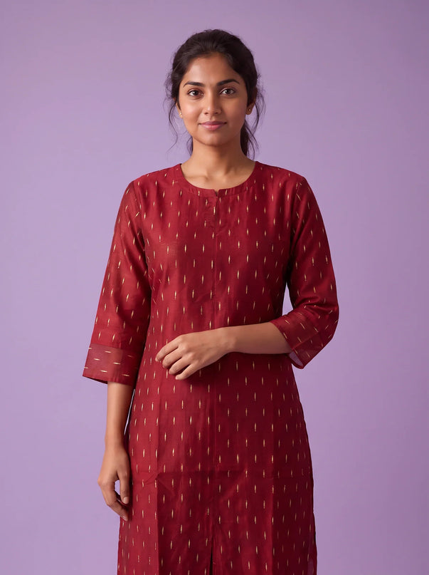 Premium Raw Silk Co-Ord Set in Maroon Colour with Elastic Bottom | Ready to Wear