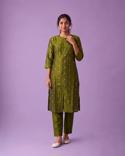Premium Raw Silk Co-Ord Set in Olive Green Colour with Elastic Bottom | Ready to Wear
