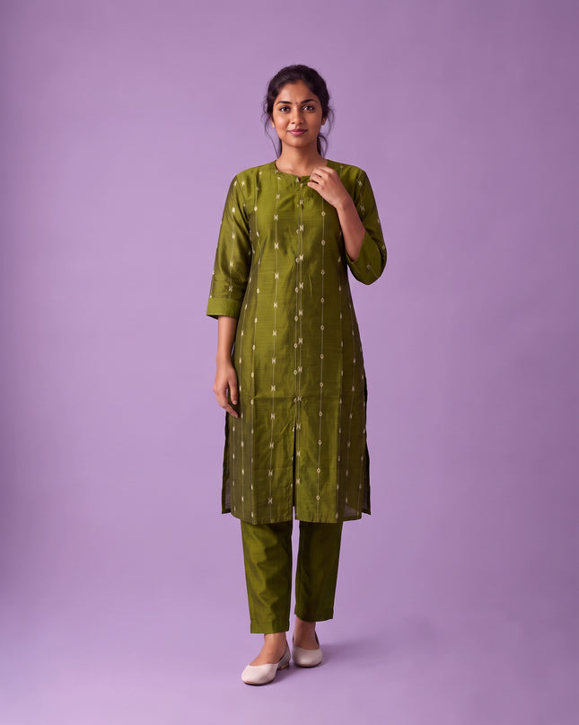 Premium Raw Silk Co-Ord Set in Olive Green Colour with Elastic Bottom | Ready to Wear