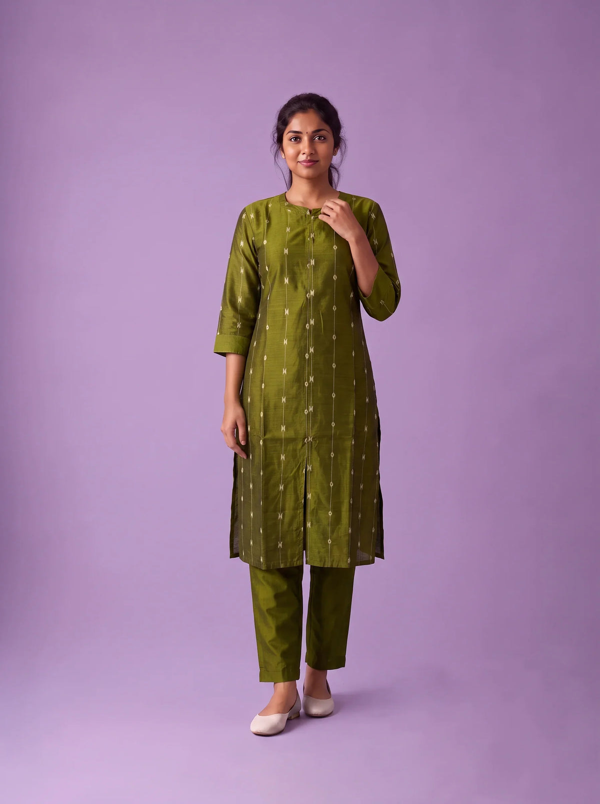 Premium Raw Silk Co-Ord Set in Olive Green Colour with Elastic Bottom | Ready to Wear