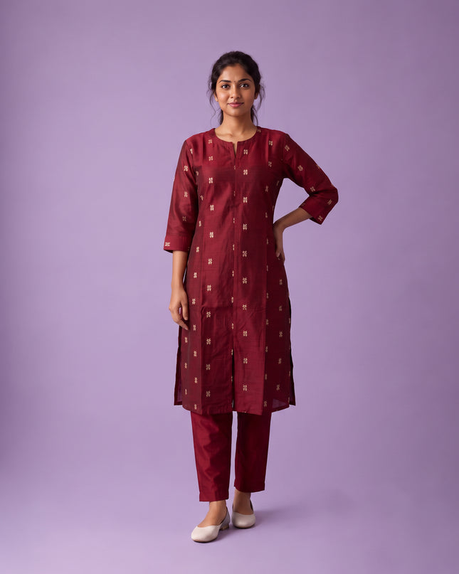 Premium Raw Silk Co-Ord Set in Maroon Colour with Elastic Bottom | Ready to Wear