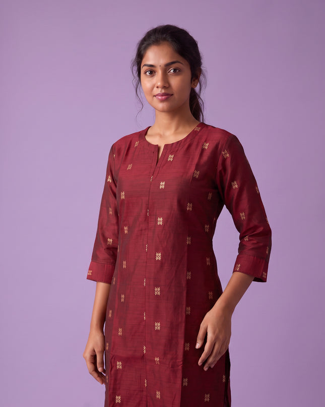 Premium Raw Silk Co-Ord Set in Maroon Colour with Elastic Bottom | Ready to Wear