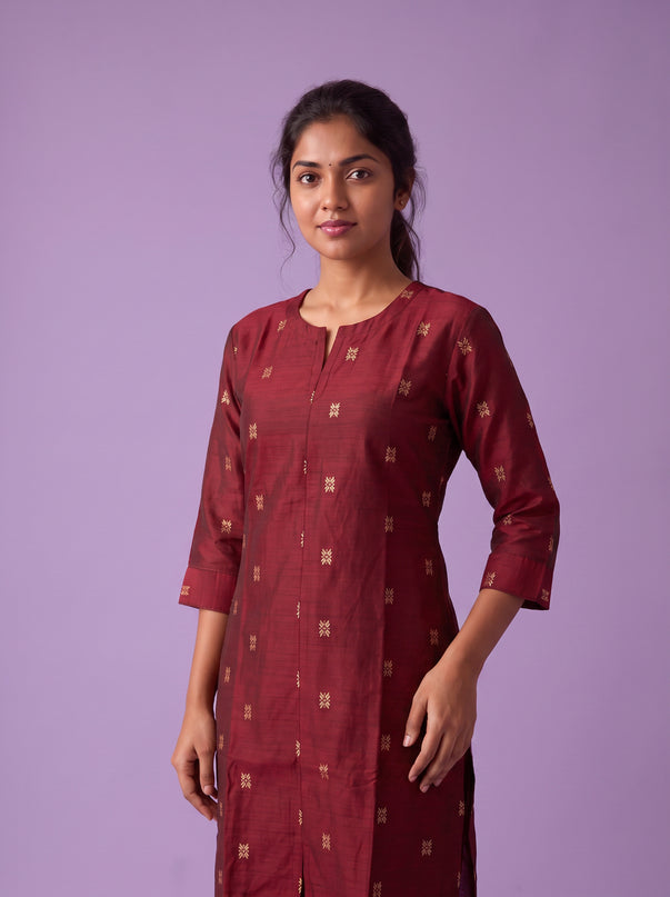 Premium Raw Silk Co-Ord Set in Maroon Colour with Elastic Bottom | Ready to Wear