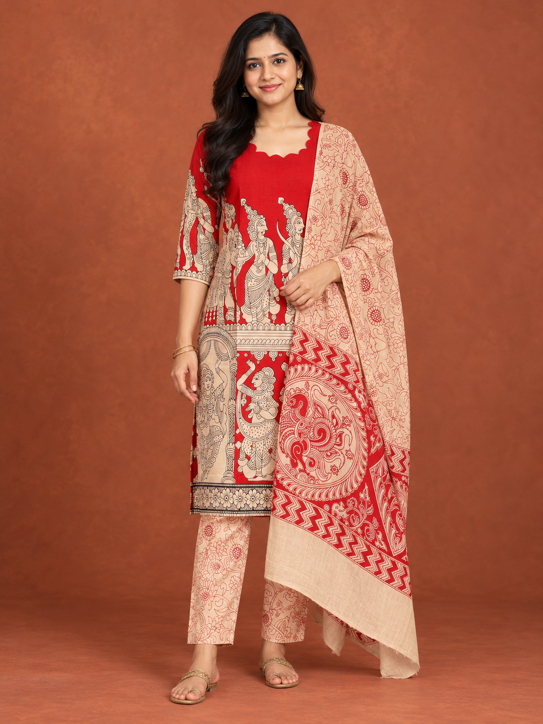 Red Kalamkari Ramayanam 3PC Kurti Set with Elastic Bottom