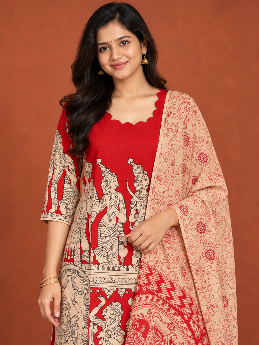 Red Kalamkari Ramayanam 3PC Kurti Set with Elastic Bottom