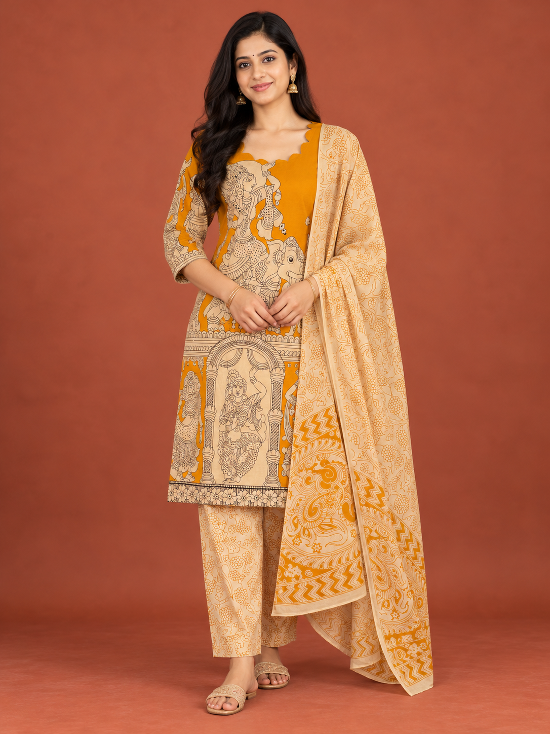 Premium Kalamkari Ramayanam Design 3PC Kurti Set with Elastic Bottom | Yellow Ethnic Wear