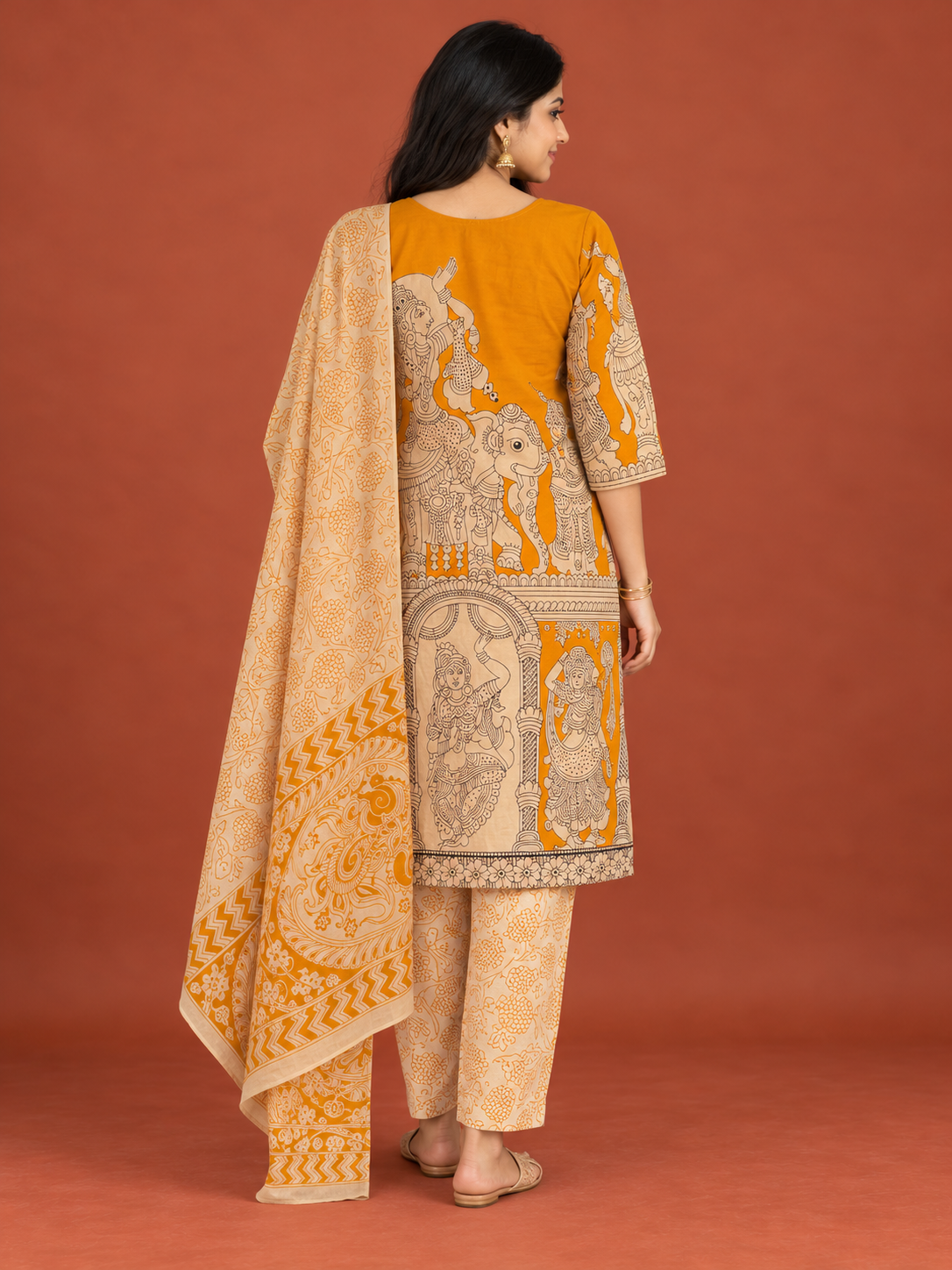 Premium Kalamkari Ramayanam Design 3PC Kurti Set with Elastic Bottom | Yellow Ethnic Wear