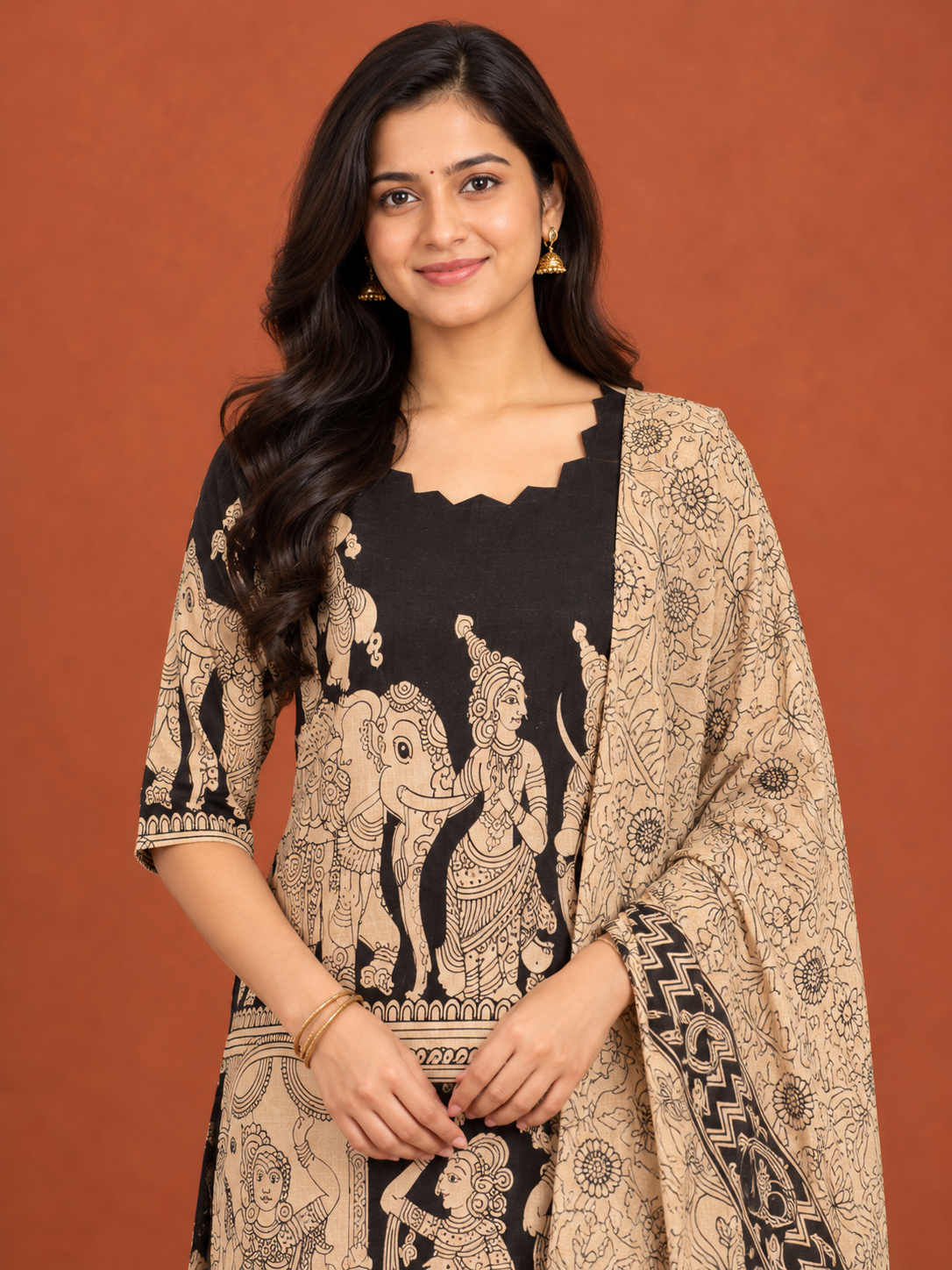 Black Kalamkari Ramayanam 3PC Kurti Set with Elastic Bottom