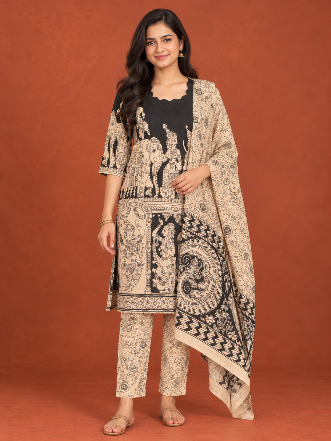 Black Kalamkari Ramayanam 3PC Kurti Set with Elastic Bottom