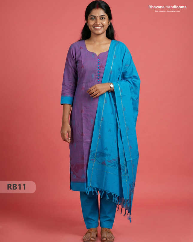 Women’s Handloom Printed Cotton Suit Set with Potli Balls –Dusty Purple & Pacific Blue Double weave Colour