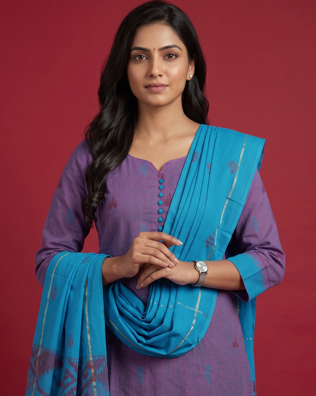 Women’s Handloom Printed Cotton Suit Set with Potli Balls –Dusty Purple & Pacific Blue Double weave Colour
