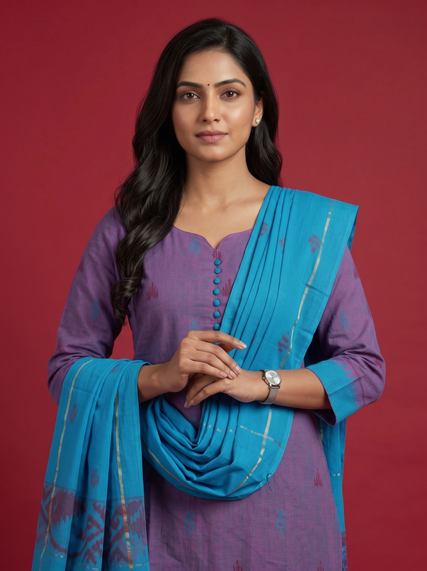 Women’s Handloom Printed Cotton Suit Set with Potli Balls –Dusty Purple & Pacific Blue Double weave Colour