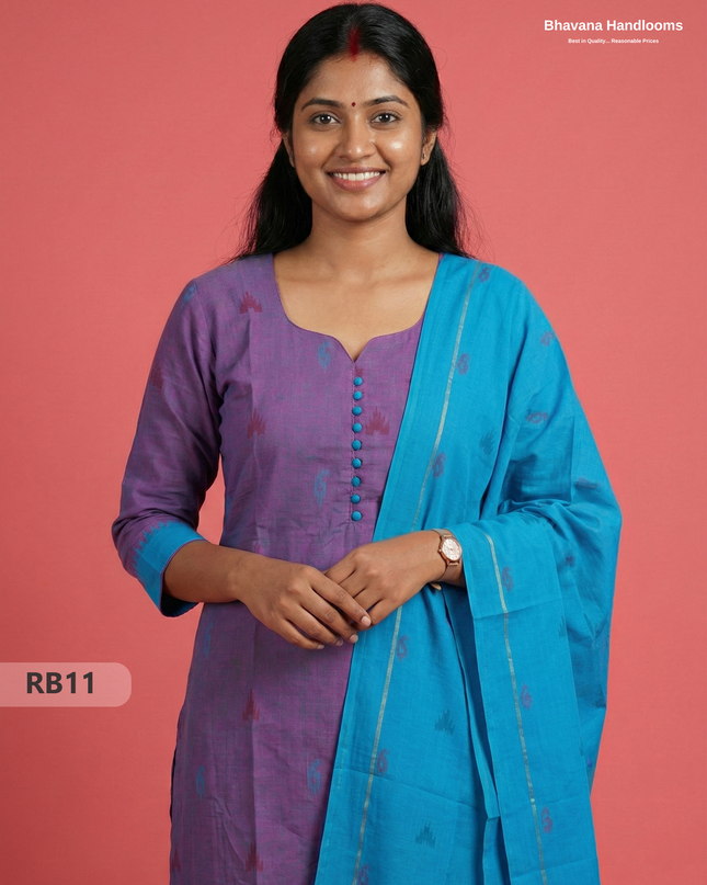 Women’s Handloom Printed Cotton Suit Set with Potli Balls –Dusty Purple & Pacific Blue Double weave Colour