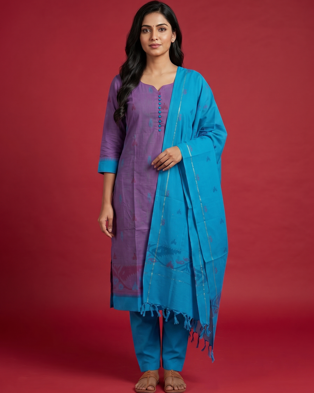 Women’s Handloom Printed Cotton Suit Set with Potli Balls –Dusty Purple & Pacific Blue Double weave Colour