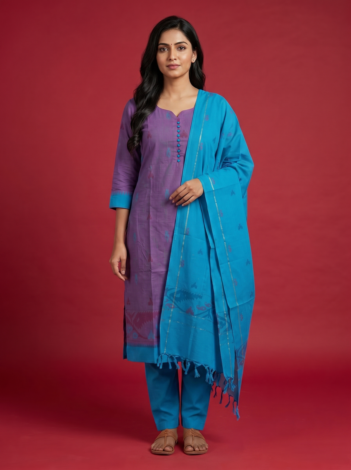 Women’s Handloom Printed Cotton Suit Set with Potli Balls –Dusty Purple & Pacific Blue Double weave Colour