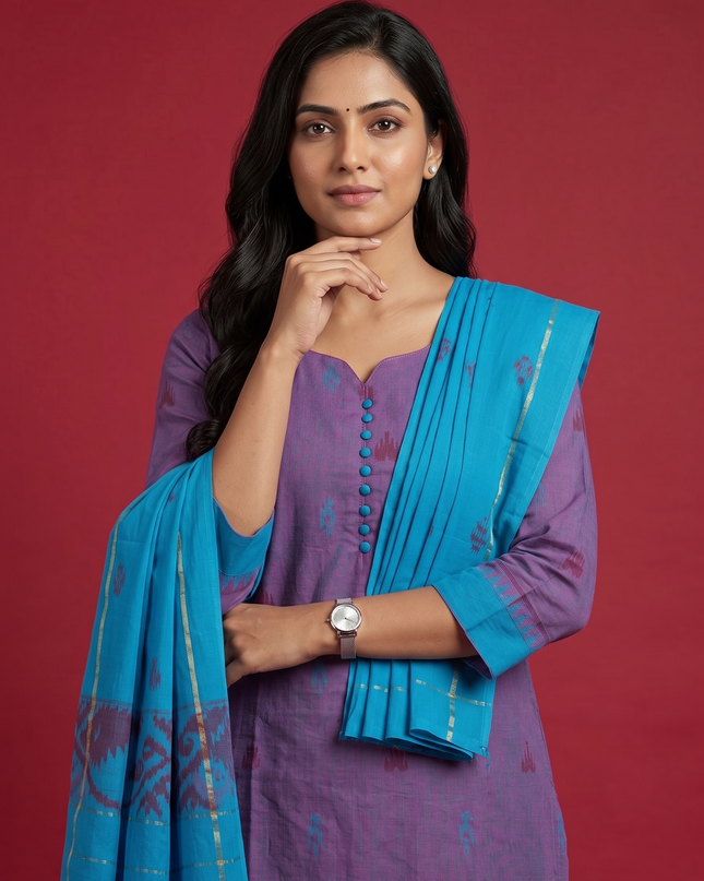 Women’s Handloom Printed Cotton Suit Set with Potli Balls –Dusty Purple & Pacific Blue Double weave Colour