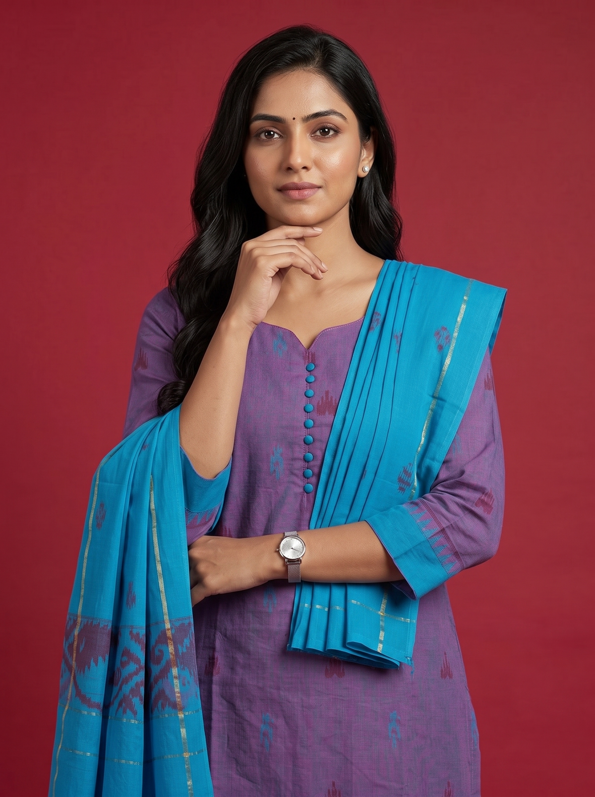 Women’s Handloom Printed Cotton Suit Set with Potli Balls –Dusty Purple & Pacific Blue Double weave Colour