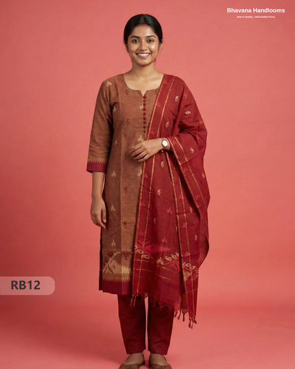 Women’s Handloom Printed Cotton Suit Set with Potli Balls – Brown & Red Double weave Colour