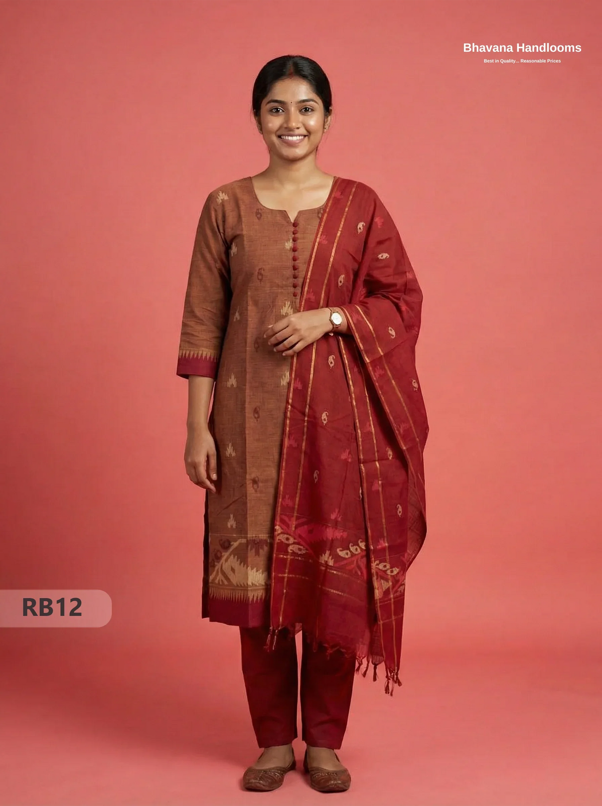 Women’s Handloom Printed Cotton Suit Set with Potli Balls – Brown & Red Double weave Colour